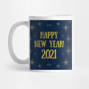 happy new year! 2021 holiday blue gold yellow stars pattern Mug